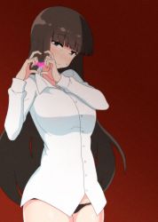 Rule 34 | 1girl, bad id, bad twitter id, black panties, blush, closed mouth, commentary request, cowboy shot, dress shirt, half-closed eyes, heart, heart hands, highres, long hair, long sleeves, looking at viewer, nishizumi shiho, no pants, okaasan (okaasandx), original, panties, red background, shirt, simple background, smile, solo, standing, sweatdrop, texture, underwear, white shirt, wing collar