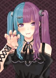 Rule 34 | 1girl, absurdres, black dress, black ribbon, blue hair, blunt bangs, blush, breasts, brooch, choker, claw pose, closed mouth, commentary request, corset piercing, crescent, crescent hair ornament, cross, dark background, dress, earrings, fingernails, hair ornament, head tilt, heart, highres, jewelry, lip piercing, long hair, looking at viewer, medium breasts, multicolored hair, nail ornament, nail polish, necklace, off-shoulder dress, off shoulder, original, patterned background, piercing, pink eyes, pink hair, pink nails, ribbon, ribbon choker, ring, shaketarako, sidelocks, smile, solo, split-color hair, star (symbol), twintails, two-tone hair, upper body