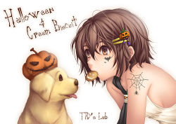 Rule 34 | 1girl, bat (animal), brown eyes, brown hair, cookie, dog, facepaint, food, food as clothes, food-themed clothes, food-themed hair ornament, hair ornament, hairclip, halloween, hat, jack-o&#039;-lantern, mouth hold, pumpkin, pumpkin hair ornament, pumpkin hat, silk, spider web, tattoo, tidsean, white background