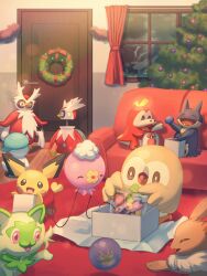 Rule 34 | :d, ball, bauble, berry (pokemon), box, bright pupils, brown eyes, christmas ornaments, christmas tree, christmas wreath, closed eyes, commentary request, couch, creatures (company), door, drifloon, eevee, fuecoco, game freak, gen 1 pokemon, gen 2 pokemon, gen 4 pokemon, gen 5 pokemon, gen 7 pokemon, highres, holding, iron bundle, mokukitusui, munchlax, nintendo, no humans, open mouth, oran berry, pichu, pokemon, pokemon (creature), quaxly, rowlet, sawsbuck, sawsbuck (winter), sitting, smile, sprigatito, white pupils, wreath