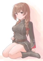 Rule 34 | 1girl, belt, black capelet, black dress, blush, boots, braid, breasts, brown belt, brown eyes, brown hair, buttons, capelet, closed mouth, clothes lift, commentary request, dress, dress lift, hair ribbon, highres, kantai collection, large breasts, legs, long hair, long sleeves, looking at viewer, no hood, red ribbon, ribbon, shinshuu maru (kancolle), simple background, sitting, solo, thighs, tress ribbon, twin braids, wamu (chartreuse), wariza