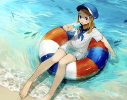 Rule 34 | 1girl, afloat, barefoot, blonde hair, blue eyes, blue neckerchief, blue sailor collar, blush, breast pocket, cabbie hat, commentary, day, fish, floating, foam, food, from above, hair ornament, hairclip, hat, highres, holding, holding food, innertube, long hair, looking at viewer, nail polish, neckerchief, ocean, open mouth, original, pocket, popsicle, sailor collar, sako (35s 00), sand, school uniform, serafuku, shirt, shore, shorts, solo, summer, sweat, swim ring, toenail polish, toenails, wakamezake, wet, white shirt, white shorts