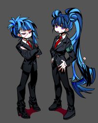 Rule 34 | 2girls, black footwear, black jacket, black pants, blue hair, closed mouth, collared shirt, commentary request, crossed arms, double bun, employee (project moon), facial scar, formal, full body, grey background, hair bun, hands on own hips, high heels, highres, jacket, lobotomy corporation, long sleeves, multiple girls, necktie, open mouth, pants, ponytail, project moon, purple eyes, red necktie, scar, scar on cheek, scar on face, scar on mouth, shirt, shot (urem), simple background, single sidelock, suit, white shirt