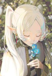 Rule 34 | 1girl, absurdres, blue flower, bush, capelet, closed eyes, cropped arms, cropped torso, earrings, elf, flower, frieren, highres, holding, holding flower, jewelry, non-web source, parai0, parted bangs, pointy ears, shirt, sidelocks, smelling flower, sousou no frieren, striped clothes, striped shirt, thick eyebrows, twintails, white capelet, white hair