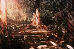 Rule 34 | bad id, bad pixiv id, forest, light particles, light rays, nature, original, outdoors, scenery, shrine, stairs, tree, twilight, zennmai siki