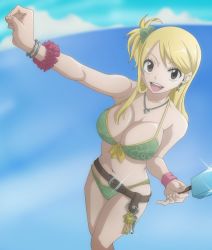 Rule 34 | 1girl, bikini, breasts, cleavage, fairy tail, highres, huge breasts, ice, key, lucy heartfilia, navel, smile, solo, standing, swimsuit