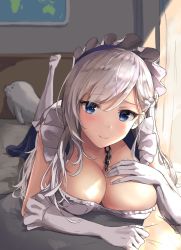 Rule 34 | azur lane, belfast (azur lane), blush, braid, breasts, chain, cleavage, closed mouth, collar, collarbone, commentary request, corset, elbow gloves, figurehead (figurehead67), french braid, frills, gloves, large breasts, long hair, looking at viewer, lying, maid, maid headdress, on stomach, silver hair, smile, solo, white gloves