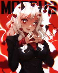 Rule 34 | 1girl, bad id, bad twitter id, black suit, black tail, blush, breasts, chromatic aberration, demon girl, demon tail, formal, heart, heart-shaped pupils, helltaker, highres, horns, kiyochii, long hair, long sleeves, looking at viewer, medium breasts, modeus (helltaker), open mouth, own hands together, red background, red eyes, red sweater, silhouette, solo, standing, striped clothes, striped sweater, suit, sweater, symbol-shaped pupils, tail, waistcoat, white hair