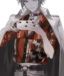 Rule 34 | 1boy, aqua eyes, bad id, bad pixiv id, belt, black collar, black nails, cellphone, closed mouth, coat, coat on shoulders, collar, grey hair, highres, holding, holding phone, jewelry, male focus, mysta rias, mysta rias (1st costume), nail polish, nijisanji, nijisanji en, o-ring, o-ring belt, pants, phone, ring, selfie, shirt, shirt tucked in, simple background, sleeves rolled up, smartphone, solo, umenoume, upper body, virtual youtuber, white background, white coat, white pants