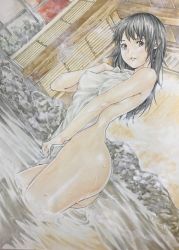 Rule 34 | 1girl, alternate hairstyle, bad id, bad pixiv id, bathing, black hair, brown eyes, completely nude, covering breasts, covering privates, dutch angle, expressionless, fence, from side, hair down, head tilt, highres, katsu (24791909), kimi no na wa., long hair, looking at viewer, looking back, marker (medium), miyamizu mitsuha, nude, nude cover, onsen, solo, steam, traditional media, wading, wet, wet hair, wooden fence