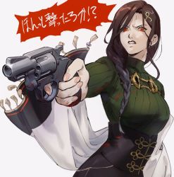 Rule 34 | 1girl, aiming, blood, blood on clothes, blood on hands, bloody weapon, braid, braided ponytail, breasts, brown hair, clenched teeth, finger on trigger, green sweater, grey hair, gun, hair ornament, hair over shoulder, hairclip, handgun, large breasts, long braid, nail polish, nijisanji, orange eyes, pink nails, revolver, ribbed sweater, roru (lol dessin), scarf, shirayuki tomoe, single braid, solo, sweater, teeth, translation request, turtleneck, upper body, virtual youtuber, weapon, white scarf