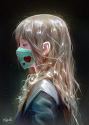 Rule 34 | 1girl, blonde hair, dark background, earrings, closed eyes, glowing, glowing hair, heart, heart pattern, highres, jewelry, long hair, mask, messy hair, mouth mask, original, portrait, profile, razaras, realistic, school uniform, signature, solo, surgical mask, wavy hair