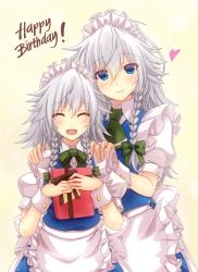 Rule 34 | 2girls, age difference, apron, ascot, blue eyes, bow, braid, dual persona, closed eyes, hair bow, hands on another&#039;s shoulders, happy birthday, heart, highres, izayoi sakuya, maid, maid apron, maid headdress, mickey dunn, multiple girls, open mouth, puffy short sleeves, puffy sleeves, short sleeves, silver hair, smile, time paradox, touhou, twin braids, wrist cuffs, aged down