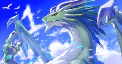 Rule 34 | 1boy, artist request, bird, blue sky, claws, cloud, cloudy sky, commentary request, countdown illustration, dragalia lost, dragon boy, dragon horns, dragon wings, horns, looking at viewer, male focus, midgardsormr (dragalia lost), official art, sky, upper body, wings