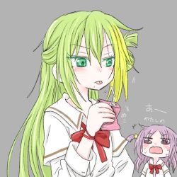Rule 34 | 2girls, 8 (asahati), alina gray, blonde hair, blush, bow, bowtie, green eyes, green hair, grey background, hair between eyes, hair ornament, holding carton, layered sleeves, long hair, long sleeves, looking at another, loose bowtie, magia record: mahou shoujo madoka magica gaiden, mahou shoujo madoka magica, messy hair, misono karin, multicolored hair, multiple girls, open mouth, parted bangs, purple hair, red bow, red bowtie, sakae general school uniform, school uniform, shirt, short over long sleeves, short sleeves, sidelocks, simple background, single hair ring, star (symbol), star hair ornament, strawberry milk, streaked hair, surprised, sweatdrop, tongue, tongue out, two side up, upper body, white shirt