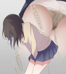 Rule 34 | 1girl, ass, between legs, blue skirt, bow, bowtie, breasts, breath, brown hair, close-up, cowboy shot, female focus, from behind, gradient background, grey background, hand between legs, have to pee, highres, japanese text, leaning forward, long hair, long sleeves, miniskirt, multiple views, original, own hands together, panties, pee, peeing, peeing self, pleated skirt, red bow, red bowtie, school uniform, simple background, skirt, small breasts, standing, sweater, thighs, translation request, trembling, underwear, v arms, watakarashi, wet, wet clothes, wet panties, white panties, yellow sweater