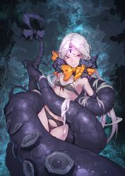 Rule 34 | 1girl, abigail williams (fate), abigail williams (third ascension) (fate), absurdres, black bow, black bra, black panties, bow, bra, breasts, cameltoe, closed mouth, covered erect nipples, di yi xing zian, fang, fang out, fate/grand order, fate (series), glowing, glowing eye, grey hair, highres, keyhole, long hair, looking at viewer, navel, orange bow, pale skin, panties, parted bangs, pink eyes, pixiv fate/grand order contest 2, polka dot, polka dot bow, restrained, slit pupils, small breasts, solo, suction cups, tears, tentacles, third eye, torn clothes, underwear, very long hair
