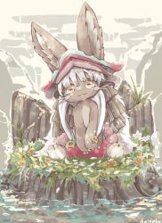 Rule 34 | 1other, :3, androgynous, animal ear fluff, body fur, brown fur, claws, ears through headwear, furry, haineko 05, highres, horizontal pupils, long hair, made in abyss, nanachi (made in abyss), no humans, other focus, outdoors, pants, red pants, signature, sitting, topless, water, whiskers, white hair, yellow eyes
