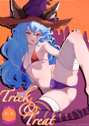 Rule 34 | 1girl, 2022, absurdres, animal ears, armpits, ass, asymmetrical legwear, bandages, bare shoulders, bikini, blue hair, breasts, cleavage, ear piercing, ears through headwear, english text, erune, ferry (granblue fantasy), granblue fantasy, hair between eyes, halloween, halloween costume, hat, highres, inuinuo gataken, long hair, looking at viewer, multicolored background, multicolored bikini, multicolored clothes, multicolored swimsuit, navel, piercing, shaded face, sitting, skindentation, small breasts, solo, spread legs, stomach, striped clothes, striped thighhighs, swimsuit, thick thighs, thighhighs, thighs, tongue, tongue out, witch, witch hat, yellow eyes, zipper, zipper pull tab