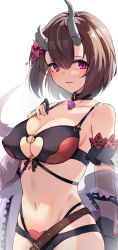 Rule 34 | 1girl, arm garter, belt, bikini, black bikini, black choker, breasts, broken horn, brown belt, brown hair, choker, claw ring, cleavage, commentary, covered erect nipples, cowboy shot, demon horns, detached sleeves, eriko (princess connect!), eriko (summer) (princess connect!), flower, hair between eyes, hair flower, hair ornament, hand on own chest, heart, heart choker, highres, horns, large breasts, looking at viewer, maza kisuke, multi-strapped bikini bottom, multi-strapped bikini top, navel, o-ring, o-ring bikini, parted lips, princess connect!, purple eyes, see-through, see-through sleeves, short hair, simple background, skindentation, smile, solo, spiked tail, stomach, swimsuit, tail, white background