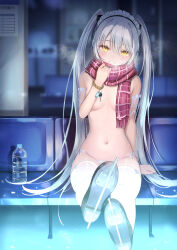 Rule 34 | 1girl, akie (44265104), bench, bottle, bracelet, breasts, commentary request, feet up, full body, grin, highres, ice skates, jewelry, key, long hair, looking at viewer, navel, original, panties, partial commentary, plaid, plaid scarf, red scarf, scarf, sitting, skates, small breasts, smile, solo, stomach, thighhighs, topless, twintails, underwear, very long hair, water bottle, white hair, white panties, white thighhighs, yellow eyes