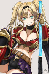 Rule 34 | 1girl, aqua eyes, armor, armored boots, belt, black shorts, blonde hair, boots, braid, breastplate, breasts, cleavage, commentary request, crop top, duplicate, gauntlets, granblue fantasy, grey background, grin, hairband, highres, holding, knee up, large breasts, long hair, looking at viewer, midriff, navel, pauldrons, polearm, short shorts, shorts, shoulder armor, simple background, smile, solo, tea (nakenashi), twintails, v-shaped eyebrows, weapon, zeta (granblue fantasy)
