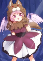 Rule 34 | 1girl, animal costume, animal hands, bird wings, commentary request, dress, gloves, halloween, halloween costume, kotarou (yukina1721), layered dress, looking at viewer, mystia lorelei, open mouth, paw gloves, pink dress, pink eyes, pink hair, short hair, touhou, white dress, wings, wolf costume