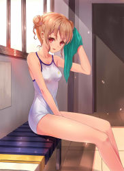 Rule 34 | 1girl, between legs, blonde hair, blush, brown hair, commentary request, competition school swimsuit, competition swimsuit, double bun, hair bun, hand between legs, highres, long legs, looking at viewer, one-piece swimsuit, open mouth, original, red eyes, school swimsuit, short hair, sitting, smile, solo, swimsuit, towel, tsumiwara, wet, white one-piece swimsuit
