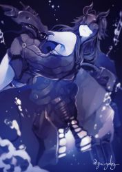 Rule 34 | 10s, 1girl, abyssal ship, artist name, bare shoulders, black gloves, black hair, blindfold, breasts, bubble, colored skin, covered eyes, dress, elbow gloves, genyaky, gloves, horns, kantai collection, light cruiser princess, long hair, mask, medium breasts, monster, open mouth, pale skin, parted bangs, parted lips, sailor dress, school uniform, serafuku, short dress, sleeveless, solo, teeth, thigh strap, turret, underwater, white skin