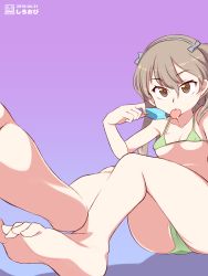 Rule 34 | 10s, 1girl, :p, artist name, bikini, blue ribbon, breasts, brown eyes, commentary, dated, eating, feet, food, foot focus, foreshortening, girls und panzer, green bikini, hair ribbon, highres, holding, holding food, legs, light brown hair, long hair, looking at viewer, micro bikini, one-hour drawing challenge, popsicle, purple background, ribbon, saliva, shadow, shimada arisu, shiroobi (whitebeltmaster), side ponytail, simple background, sitting, small breasts, solo, swimsuit, toes, tongue, tongue out, watermark