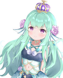 Rule 34 | 1girl, arms behind back, breasts, clothing cutout, collarbone, crown, eyebrows hidden by hair, finana ryugu, finana ryugu (1st costume), fins, fish girl, flower, green hair, hair flower, hair ornament, hakana hakana, head fins, highres, leaning to the side, long hair, looking up, navel, navel cutout, nijisanji, nijisanji en, purple eyes, purple flower, seashell, shell, small breasts, smile, solo, starfish, virtual youtuber, white background