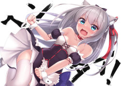 Rule 34 | 1girl, animal ears, ass, azur lane, bare shoulders, black bow, blue eyes, blush, bow, breasts, cat ears, cleavage, clenched hand, collar, collarbone, covering crotch, covering privates, cuff links, dress, frills, hair between eyes, hair bow, hair ribbon, hammann (azur lane), leg up, long hair, looking at viewer, nullken, open mouth, puffy short sleeves, puffy sleeves, red ribbon, ribbon, short sleeves, sidelocks, silver hair, simple background, skirt hold, small breasts, solo, tearing up, thighhighs, thighs, very long hair, white background, white thighhighs, wind, wind lift