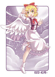Rule 34 | 1girl, blonde hair, bow, breasts, colonel aki, commentary request, full moon, gengetsu (touhou), hair bow, hand up, long sleeves, looking at viewer, medium breasts, moon, night, night sky, open mouth, shirt, short hair, single wing, skirt, sky, smile, socks, solo, star (sky), touhou, translation request, white shirt, white skirt, wings, yellow eyes