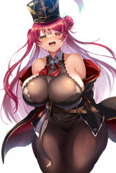 Rule 34 | 1girl, :d, bare shoulders, belt, black leotard, blush, bodystocking, breasts, cleavage, hair bun, hat, heterochromia, highres, hololive, houshou marine, houshou marine (marching band), huge breasts, jacket, leotard, long hair, multicolored hair, official alternate costume, open clothes, open jacket, open mouth, red eyes, red hair, see-through, see-through cleavage, shako cap, simple background, single side bun, smile, solo, streaked hair, teruwo, thick thighs, thighs, very long hair, virtual youtuber, white background, wide hips, yellow eyes