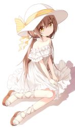 Rule 34 | 1girl, bare shoulders, bow, brown eyes, brown footwear, brown hair, closed mouth, commentary request, dress, full body, hair between eyes, hair ornament, hat, hat bow, long hair, looking at viewer, low twintails, off-shoulder dress, off shoulder, original, platform footwear, sandals, shadow, short sleeves, sitting, solo, squirrel girl (yuuhagi (amaretto-no-natsu)), striped, striped bow, sun hat, twintails, very long hair, white background, white dress, white hat, yellow bow, yokozuwari, yuuhagi (amaretto-no-natsu)