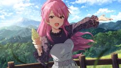 Rule 34 | 1girl, belt, blonde hair, card (medium), cloud, earrings, fence, food, game cg, grass, ice cream, ice cream cone, idolmaster, idolmaster million live!, idolmaster million live! theater days, jewelry, maihama ayumu, mountain, multicolored hair, necklace, official art, open mouth, pink hair, private dress (idolmaster million live!), solo, tree