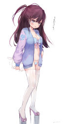 Rule 34 | 1girl, :o, absurdres, blue bra, blue jacket, blue panties, blush, bra, breasts, cleavage, collarbone, dated, doll, floral print, frown, grey eyes, hand in pocket, high heels, highres, holding, holding doll, jacket, lingerie, long hair, long sleeves, looking at viewer, medium breasts, navel, notice lines, one side up, open clothes, open jacket, open mouth, original, panties, purple footwear, purple hair, rabbit, shadow, sidelocks, simple background, solo, stomach, stuffed animal, stuffed rabbit, stuffed toy, thighhighs, thighs, translation request, underwear, v-shaped eyebrows, white background, white thighhighs, yukari (rihenara doll)