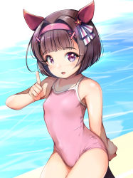 Rule 34 | 1girl, animal ears, black hair, blunt bangs, bob cut, commentary request, competition school swimsuit, cowboy shot, ear covers, hair ornament, hairband, highres, horse ears, horse girl, horse tail, index finger raised, nishino flower (umamusume), one-piece swimsuit, pink hairband, pink one-piece swimsuit, purple eyes, school swimsuit, short hair, single ear cover, solo, swimsuit, tail, umamusume, water, x hair ornament, yashin (yasinz)