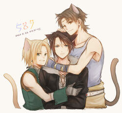 Rule 34 | 3boys, animal ears, arm warmers, bartz klauser, beads, belt, black jacket, blonde hair, blue eyes, blue tank top, brown hair, cat boy, cat day, cat ears, cat tail, chin rest, circlet, collared shirt, cropped torso, crossed arms, dangle earrings, dated, dissidia final fantasy, earrings, final fantasy, final fantasy ix, final fantasy v, final fantasy viii, fur-trimmed jacket, fur trim, furrowed brow, gloves, green eyes, green vest, grey background, grey gloves, grin, hair beads, hair ornament, hand grab, hand on another&#039;s head, hand on another&#039;s shoulder, head on head, head rest, hiryuu (kana h), hug, jacket, jewelry, light frown, long sleeves, looking at viewer, male focus, multiple boys, necklace, open clothes, open jacket, scar, scar on face, shirt, signature, simple background, sleeveless, smile, squall leonhart, tail, tank top, upper body, v-neck, vest, white shirt, zidane tribal