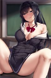 Rule 34 | 1girl, absurdres, areola slip, black hair, black shirt, black skirt, blue eyes, braid, breasts, chalkboard, clash, collarbone, commentary request, desk, feet out of frame, hair between eyes, highres, jack dempa, licking lips, long hair, looking at viewer, medium breasts, miyamae shiho (jack dempa), mole, mole on breast, mole on thigh, on desk, original, red eyes, sailor collar, school uniform, serafuku, shirt, sitting, on desk, skirt, solo, spread legs, thighs, tongue, tongue out, white sailor collar