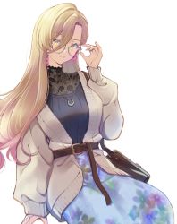 Rule 34 | 1girl, absurdres, bag, belt, black shirt, breasts, brown hair, collarbone, earrings, glasses, hair over one eye, hand up, highres, inumoto, jewelry, large breasts, long hair, long skirt, looking at viewer, necklace, nijisanji, nui sociere, nui sociere (4th costume), shirt, simple background, sitting, skirt, smile, solo, sweater, virtual youtuber, white background, yellow eyes