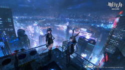 2girls amiya_(arknights) animal_ears arknights black_jacket breasts building ch&#039;en_(arknights) chinese_text city cityscape commentary commission copyright_name eastern_dragon_horns english_commentary highres jacket long_hair looking_at_viewer medium_breasts multiple_girls night night_sky novelance official_art rabbit_ears sky skyscraper water