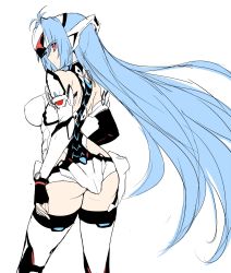 Rule 34 | 1girl, absurdres, ass, blue hair, breasts, closed mouth, commentary request, contrapposto, elbow gloves, fingerless gloves, floating hair, gloves, halcon, headgear, highres, kos-mos, kos-mos ver. 4, large breasts, legs apart, long hair, looking at viewer, looking back, red eyes, robot ears, sketch, solo, standing, thighhighs, very long hair, white thighhighs, xenosaga