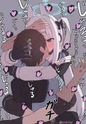 Rule 34 | 1boy, 1girl, anger vein, animal ears, black bow, black footwear, black gloves, blue archive, blush, boots, bow, chair, cicada hug, commentary request, earosoligt, fake animal ears, french kiss, gloves, grey background, grey hair, hair bow, halo, heart, hetero, highres, kiss, knee pads, long hair, long sleeves, miyako (blue archive), office chair, one side up, purple eyes, rabbit ears, sensei (blue archive), simple background, sitting, sitting on lap, sitting on person, struggling, sweatdrop, swivel chair, translation request, twitter username, very long hair