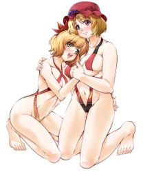 Rule 34 | 2girls, 846-gou, aki minoriko, aki shizuha, alternate costume, bad id, bad pixiv id, bare legs, bare shoulders, barefoot, blonde hair, blush, breast hold, breasts, collarbone, covered erect nipples, female focus, food, fruit, grapes, hair ornament, hat, holding, large breasts, leaf hair ornament, looking at viewer, multiple girls, red eyes, short hair, siblings, simple background, sisters, slingshot swimsuit, swimsuit, touhou, white background