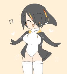 Rule 34 | 1girl, black hair, black jacket, blush stickers, breasts, chibi, closed eyes, commentary request, cowboy shot, emperor penguin (kemono friends), hair between eyes, hair over one eye, headphones, heart, jacket, kemono friends, large breasts, lets0020, long bangs, multicolored hair, numbered, one-piece swimsuit, open clothes, open jacket, open mouth, orange hair, short hair, simple background, smile, solo, streaked hair, swimsuit, thighhighs, white one-piece swimsuit, white thighhighs, yellow background