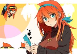 Rule 34 | 1girl, ahegao, amano tora, blue eyes, blush, breasts, cellphone, chibi, glass, goggles, goggles on head, hair between eyes, highres, jewelry, kazenoko, long hair, looking at viewer, necklace, open mouth, orange hair, original, phone, smartphone, solo, sweater, turtleneck