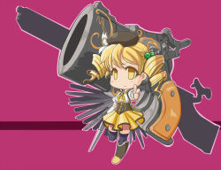 Rule 34 | 10s, 1girl, alternate weapon, beret, blonde hair, blush, boots, cannon, chibi, corset, detached sleeves, drill hair, finger gun, full body, grey thighhighs, gun, hair bobbles, hair ornament, hat, huge weapon, magical girl, magical musket, mahou shoujo madoka magica, mahou shoujo madoka magica (anime), pleated skirt, puffy sleeves, ribbon, rifle, simple background, skirt, smile, solo, soramiruku, standing, standing on one leg, thighhighs, tiro finale, tomoe mami, twin drills, twintails, weapon, yellow eyes, zettai ryouiki