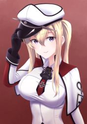 Rule 34 | 1girl, black gloves, blush, breasts, capelet, cross, gloves, graf zeppelin (kancolle), hair between eyes, hand on headwear, hat, iron cross, kantai collection, large breasts, long hair, long sleeves, looking at viewer, military, military uniform, mugiaki, peaked cap, purple eyes, red background, sidelocks, simple background, smile, solo, twintails, uniform, upper body