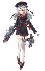 Rule 34 | 1girl, belt, belt buckle, black hat, black jacket, black skirt, blush, breasts, brown belt, buckle, collarbone, commentary request, full body, garter straps, gloves, hammer and sickle, hat, headband, headgear, highres, jacket, kiev (warship girls r), long hair, long sleeves, looking at viewer, multicolored hair, original, pleated skirt, rigging, sailor collar, shirt, silver hair, simple background, skirt, small breasts, solo, soviet flag, striped clothes, striped shirt, telnyashka, thigh strap, thighhighs, torpedo, turret, two-tone hair, warship girls r, white background, white gloves, yakob labo, yellow eyes
